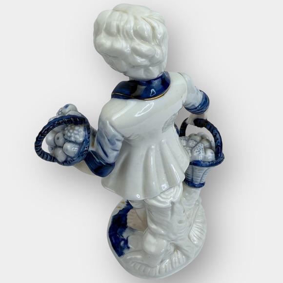 Vintage Blue White Porcelain Figurine Boy Carrying Two Fruit Baskets Gold Trim - Picture 8 of 15